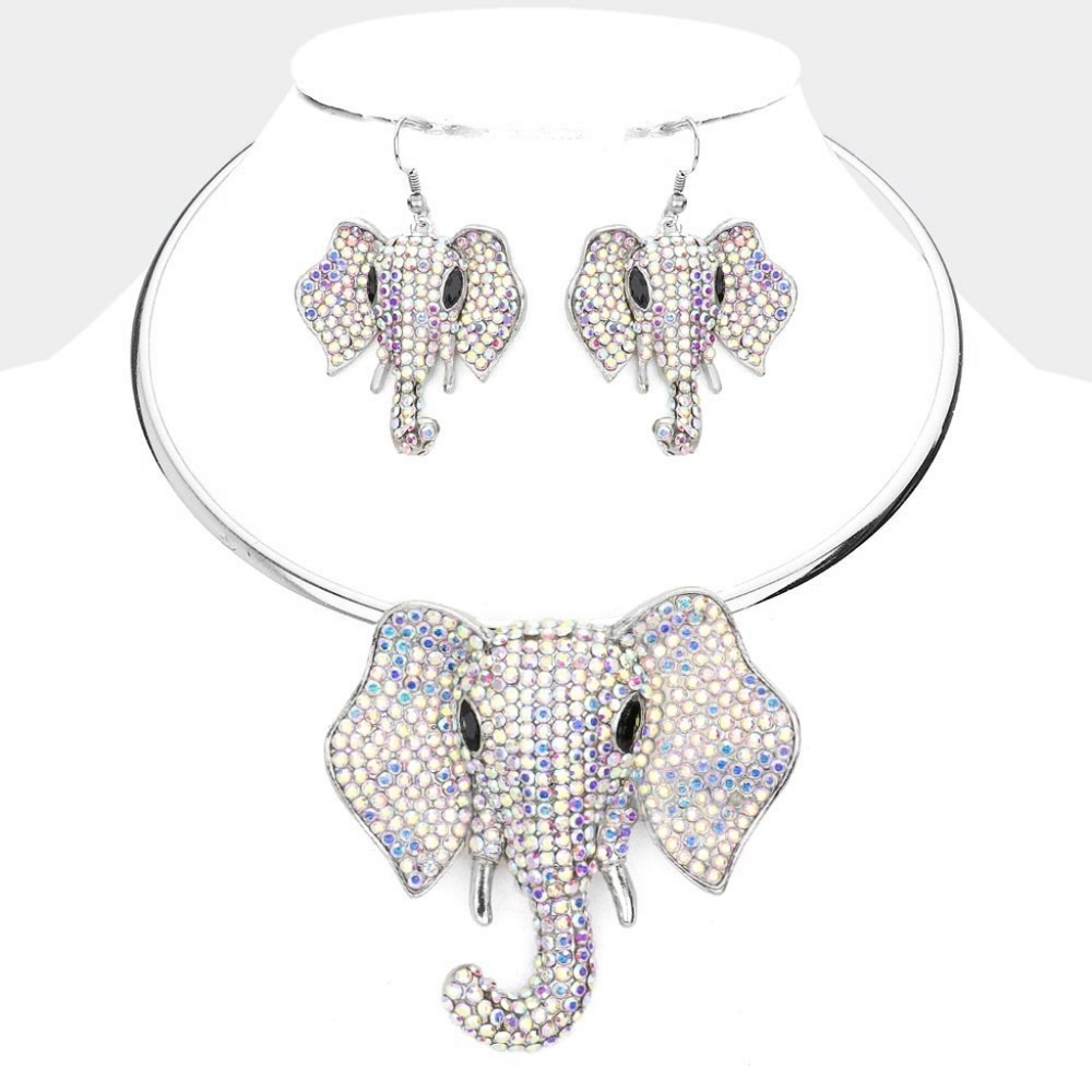Silver Elephant Pendant Charm Choker Necklace Statement Crystal Rhinestone Chain